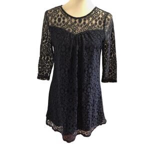 Monteau Navy Blue Lace Tunic Top Mini Dress L Large 3/4 Sleeve